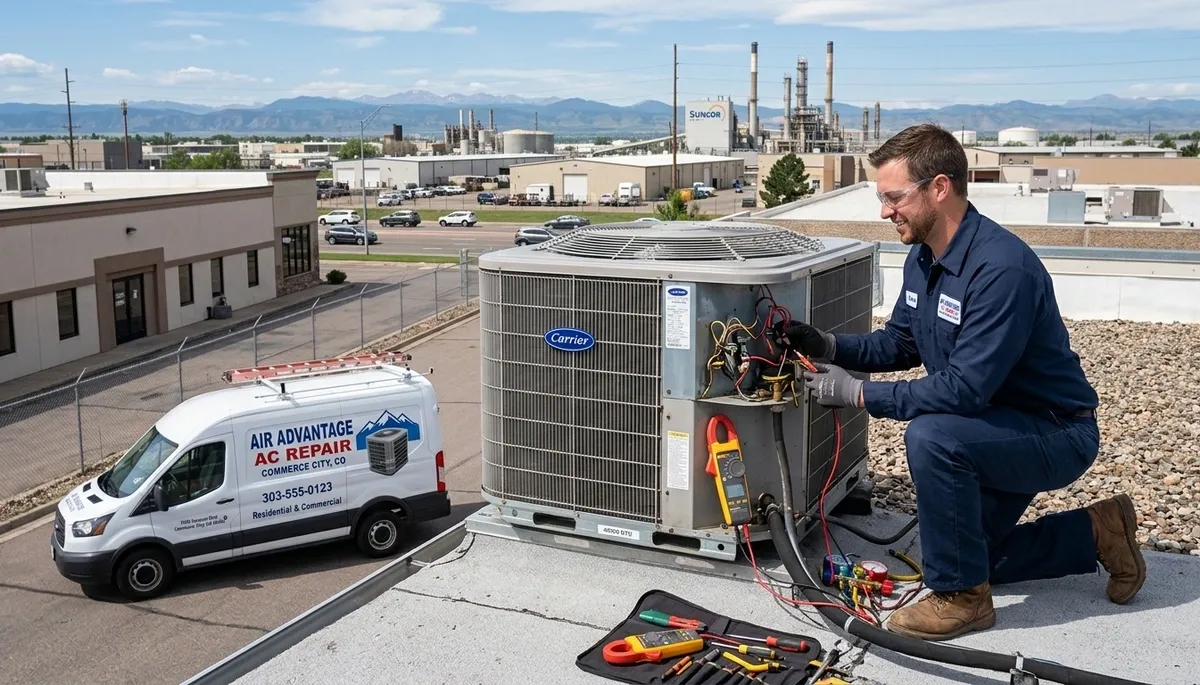 Professional AC repair technician servicing air conditioner in Aurora, CO