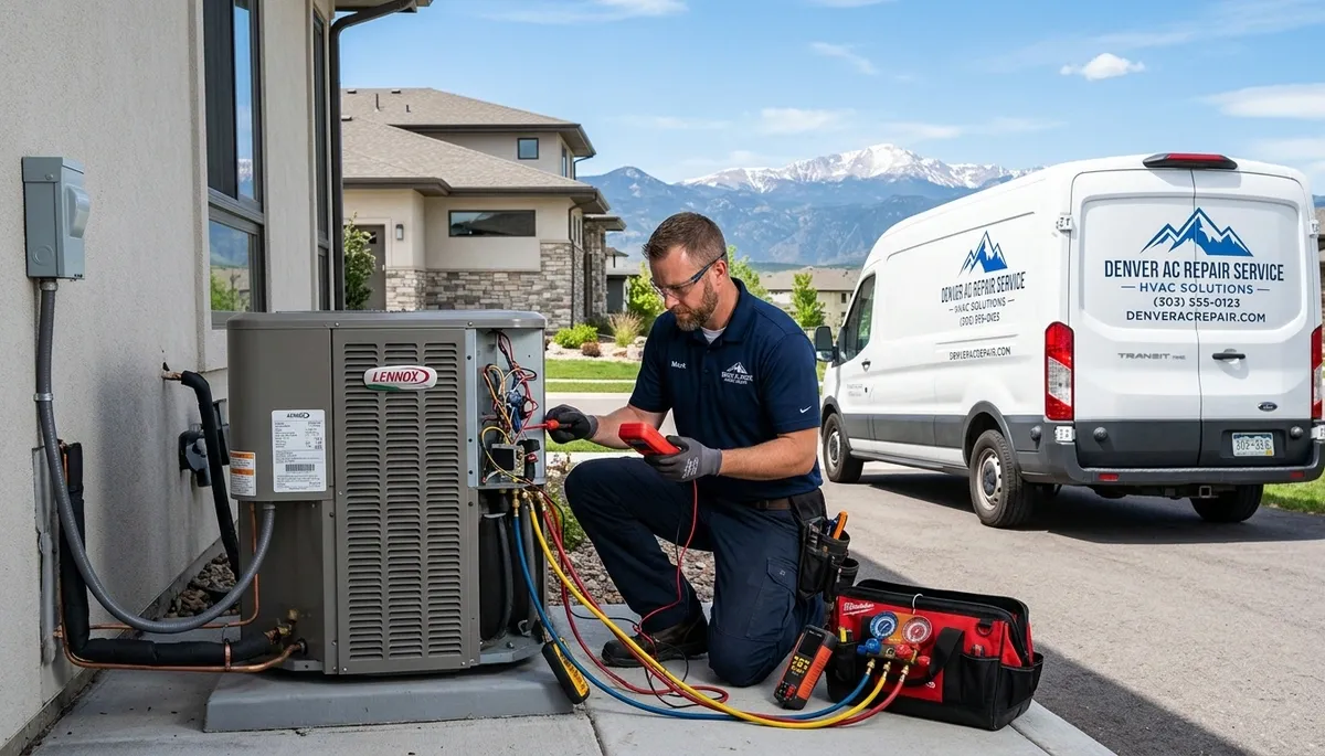 Professional AC repair technician servicing air conditioner in Aurora, CO