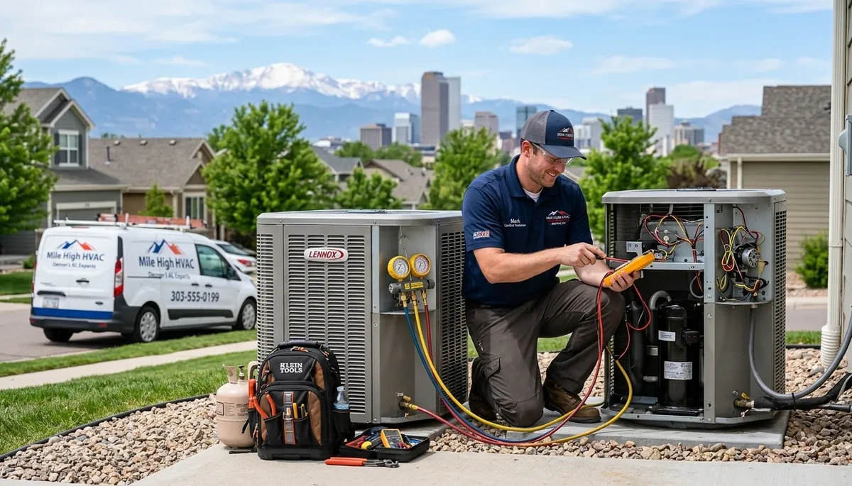 Professional AC repair technician servicing air conditioner in Aurora CO home