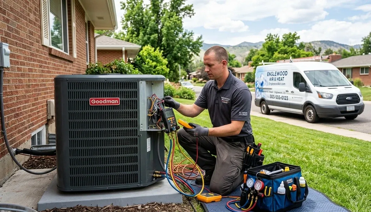 Professional AC repair technician servicing air conditioner unit in Aurora, CO