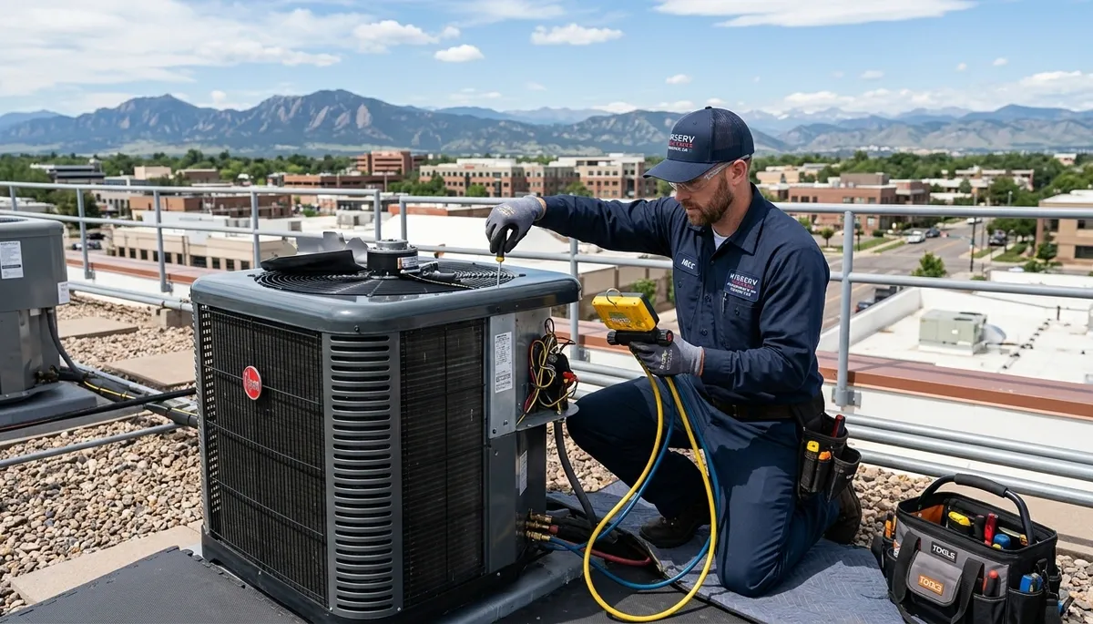 Professional AC repair technician servicing air conditioner unit in Aurora, CO