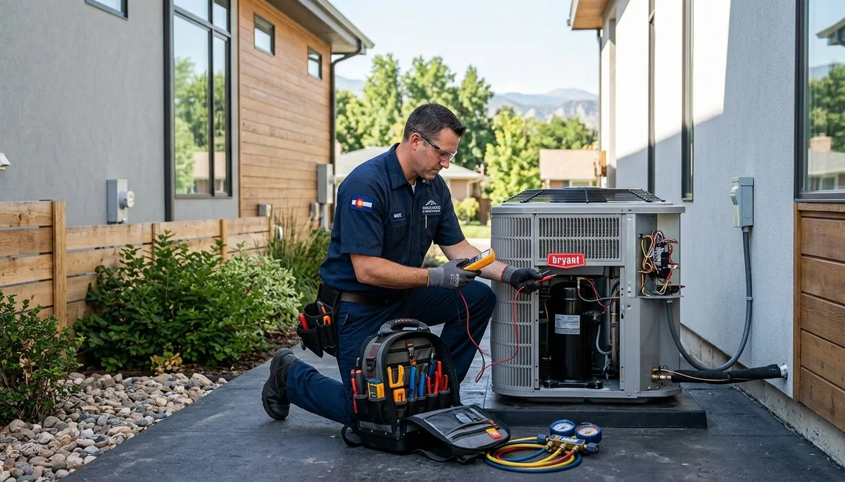 Professional AC repair technician servicing air conditioner in Aurora, CO home