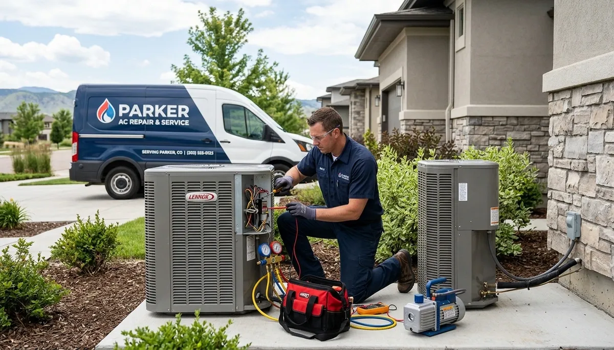 Professional AC repair technician servicing air conditioner in Aurora CO home