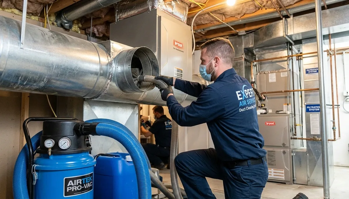 Technician cleaning air ducts for HVAC system in Aurora, CO home by Five Star Cooling