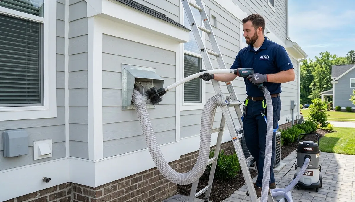 Technician cleaning residential dryer vent for fire safety in Aurora, CO