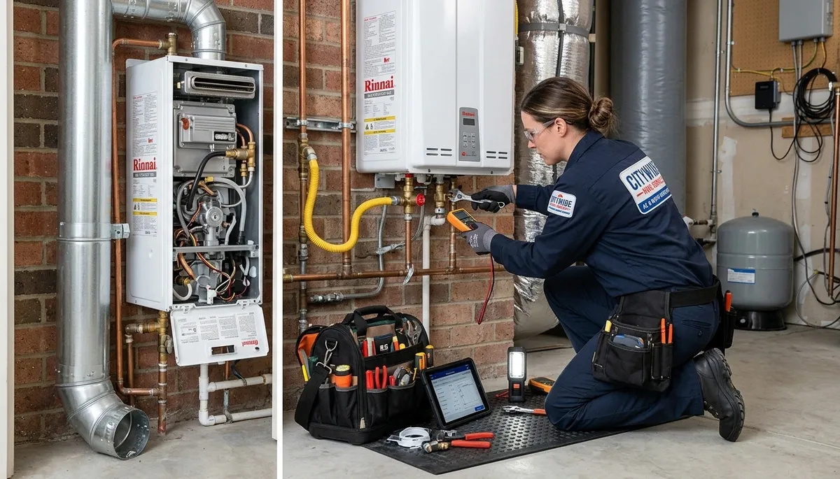 Technician repairing residential water heater in Aurora, CO for Five Star Cooling service page